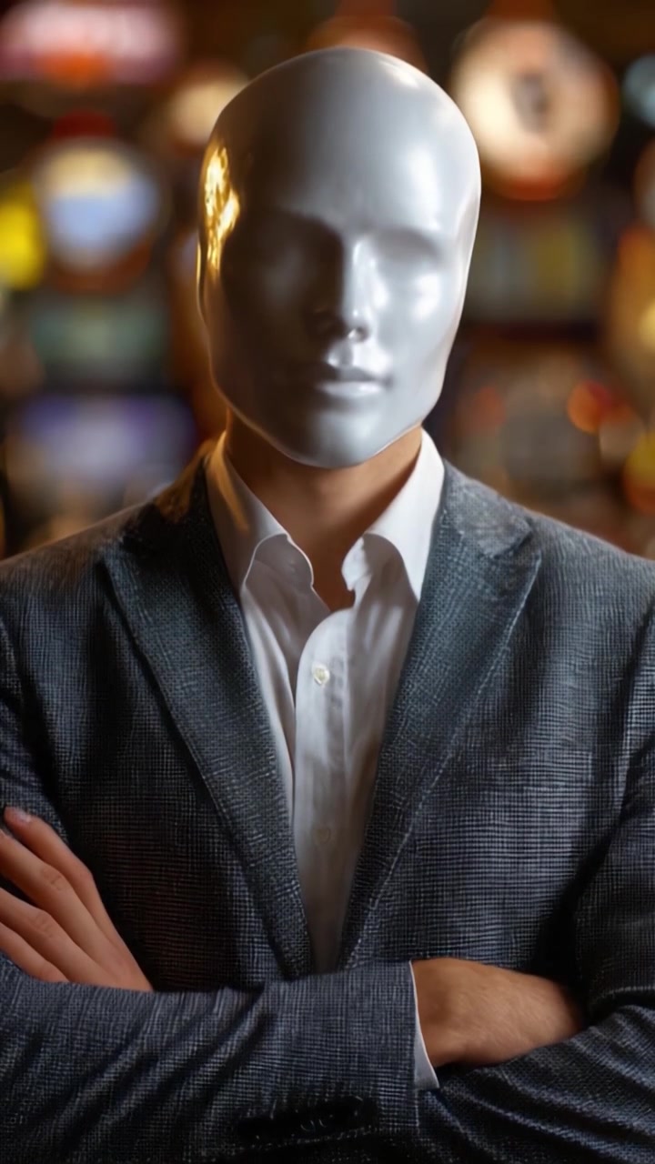 Una figura misteriosa in piedi con sicurezza con una maschera liscia e senza lineamenti su uno sfondo colorato di luci sfocate, che fonde temi di arte e identità.