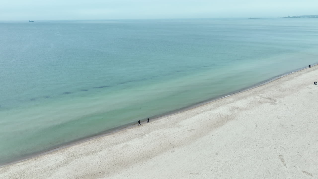 Aerial view of a long sandy beach running parallel to dense forest with people walking along the shoreline on an overcast day
