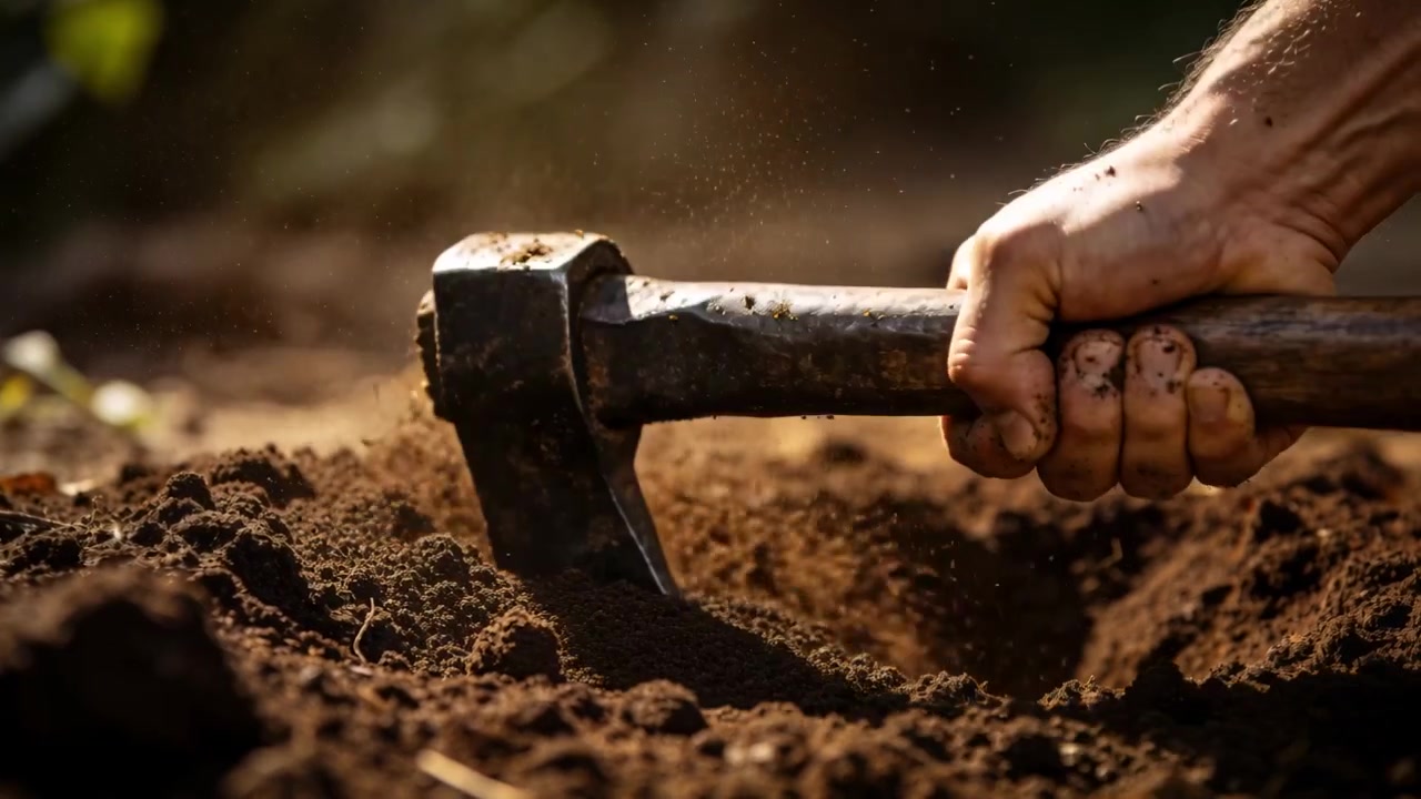 Mano derecha clavando una azada de metal en el lecho del jardín después del contacto de la hoja, preparando la tierra, con espacio para texto.