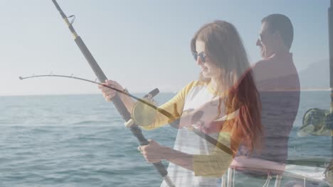 Animation-of-caucasian-woman-fishing-with-caucasian-man-fishing-and-sea