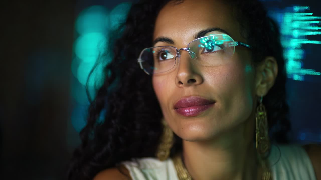 Una donna pensierosa con capelli ricci e occhiali guarda in lontananza, illuminata da vivaci luci blu e verdi, incarnando una fusione di tecnologia e bellezza, persa nei suoi pensieri in un ambiente digitale