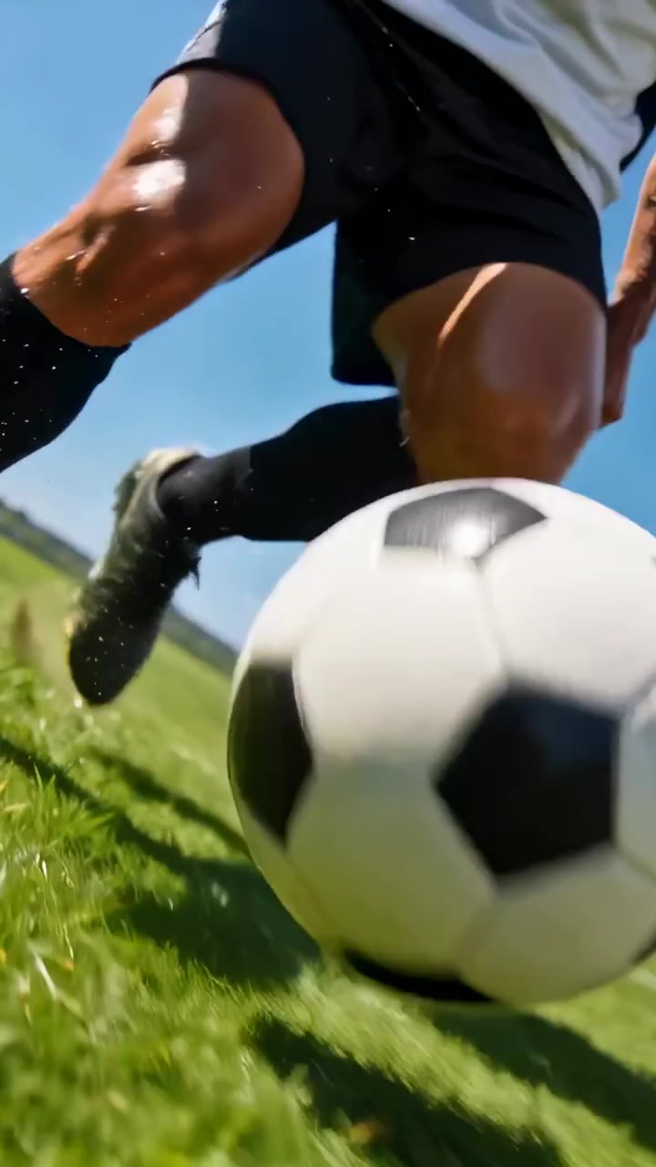 Video vertical: Jugador de fútbol con tacos retrayendo la pierna para patear un balón en césped artificial, practicando