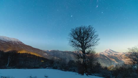 Einsamer-Baum-Auf-Dem-Wald-In-Einer-Eiskalten-Nacht-Im-Iran-Mazandaran-Dschungel-In-Ländlicher-Umgebung-Sternenklarer-Nachthimmel-Und-Milchstraße-Oben-Und-Damavand-Berg-In-Der-Landschaft-Und-Dorflichter-Unten