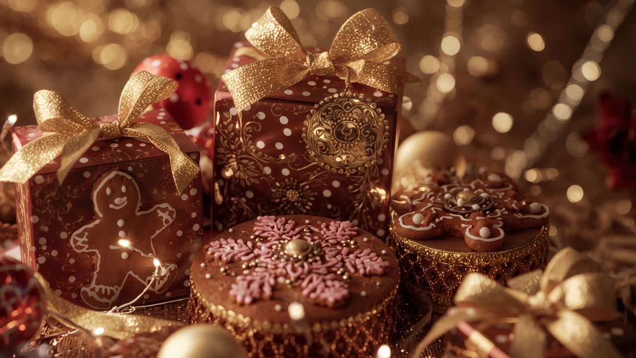 Shifting camera moving toward gift boxes on holiday table, with fairy lights and gingerbread cookie