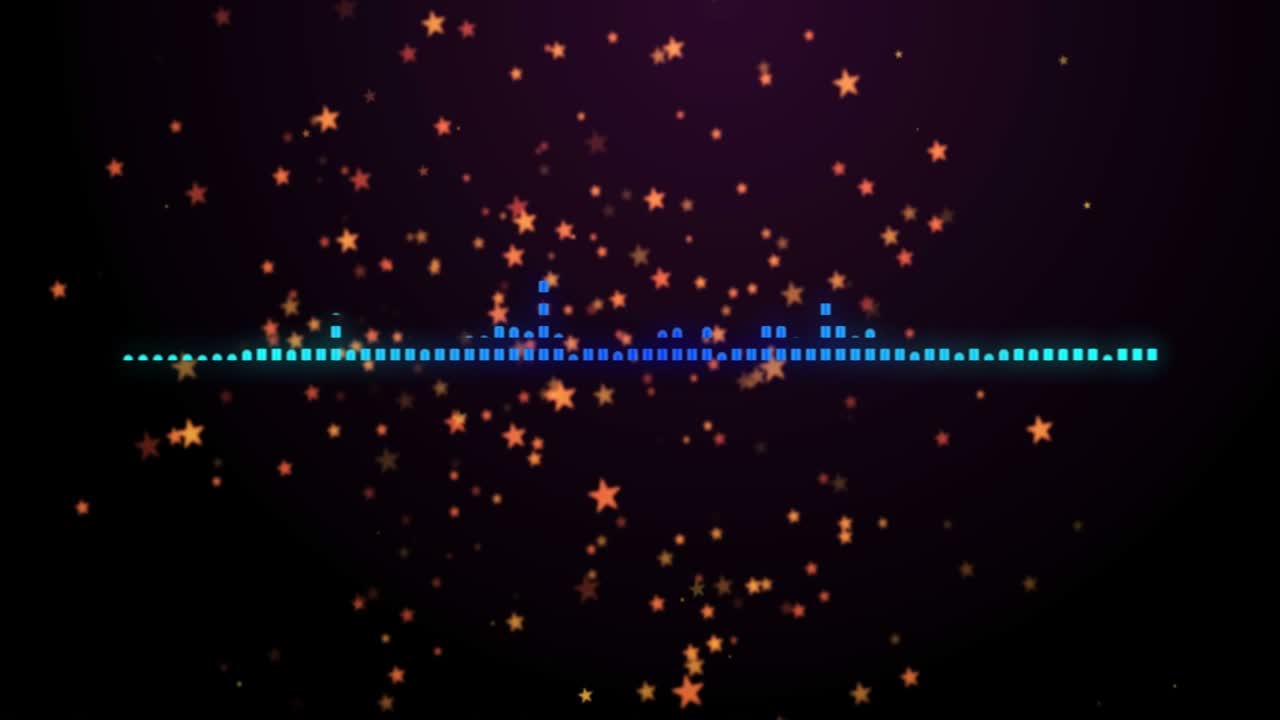 Animated equalizer visualizing music input, cyan bars rising, shifting right, orange stars drifting