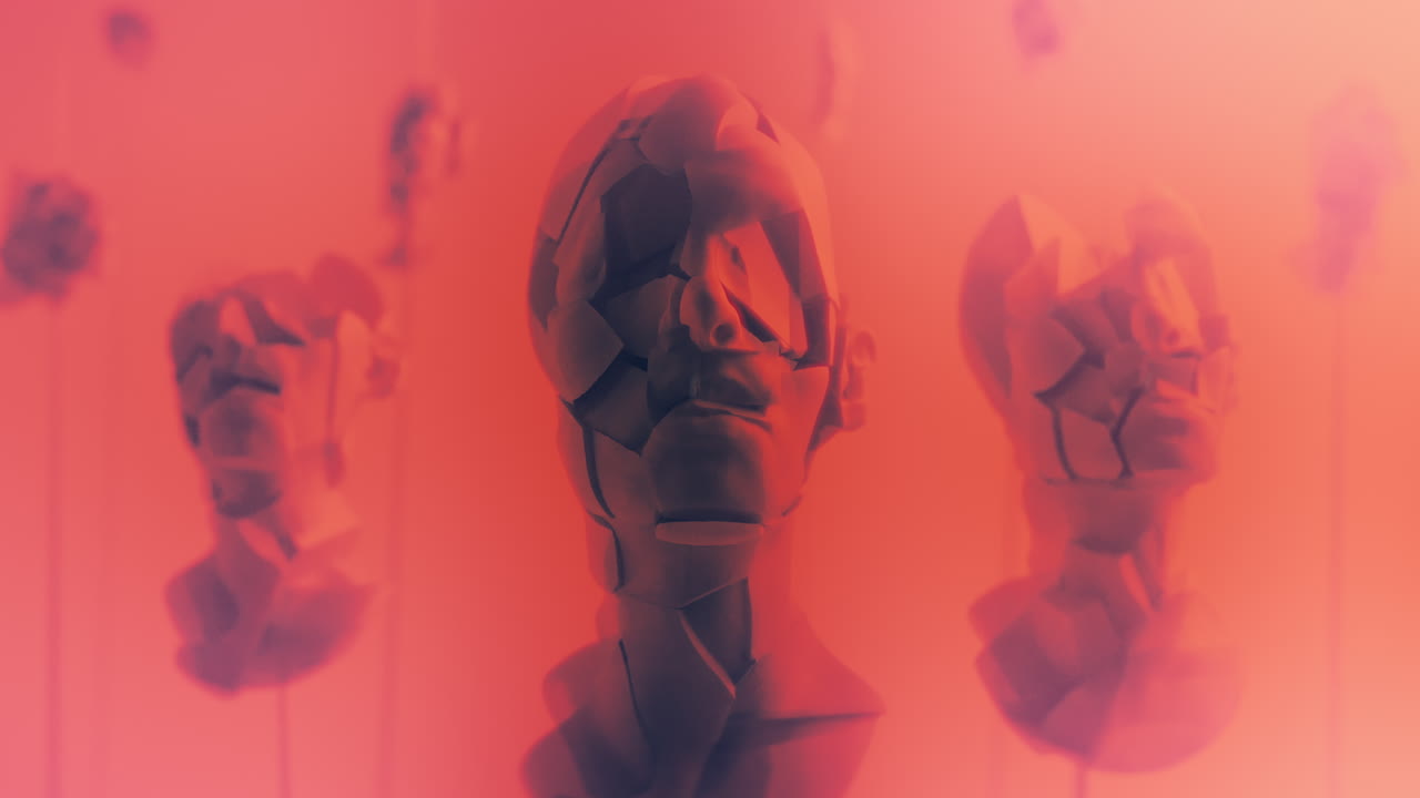 Destroyed android heads on spikes on the neon pink background