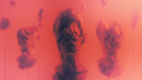 destroyed android heads on spikes on the neon pink background