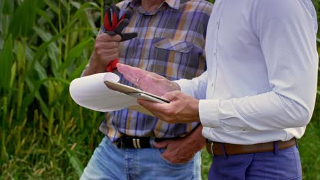 hombres caminando por el campo de maíz y analizando los datos del clipboard