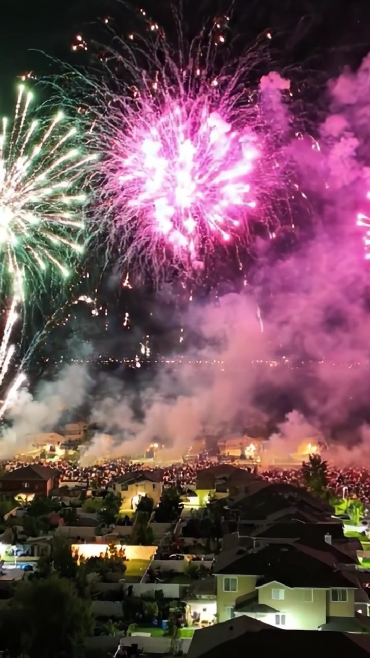Espetacular Show de Fogos de Artifício Noturno Ilumina o Céu Acima de um Bairro, Criando uma Celebração Vibrante e Colorida Entre as Casas Abaixo