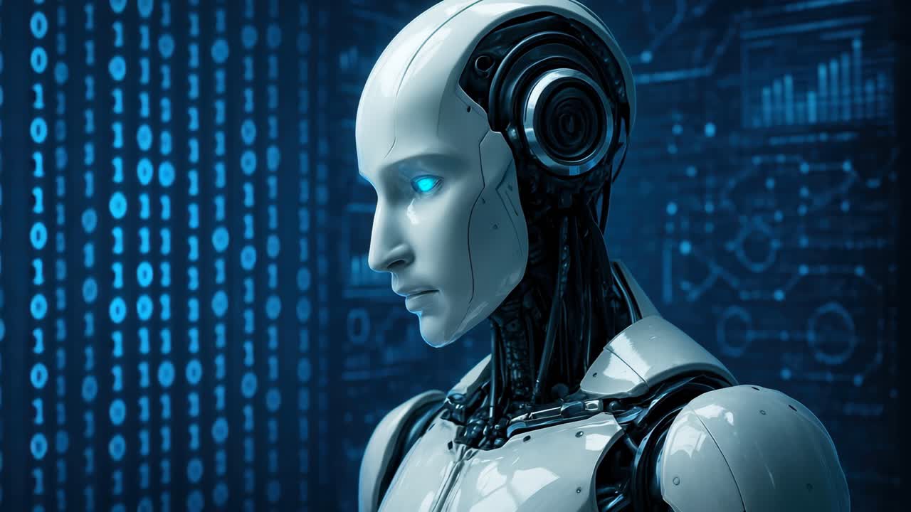 Futuristic robot in profile view, surrounded by digital binary code