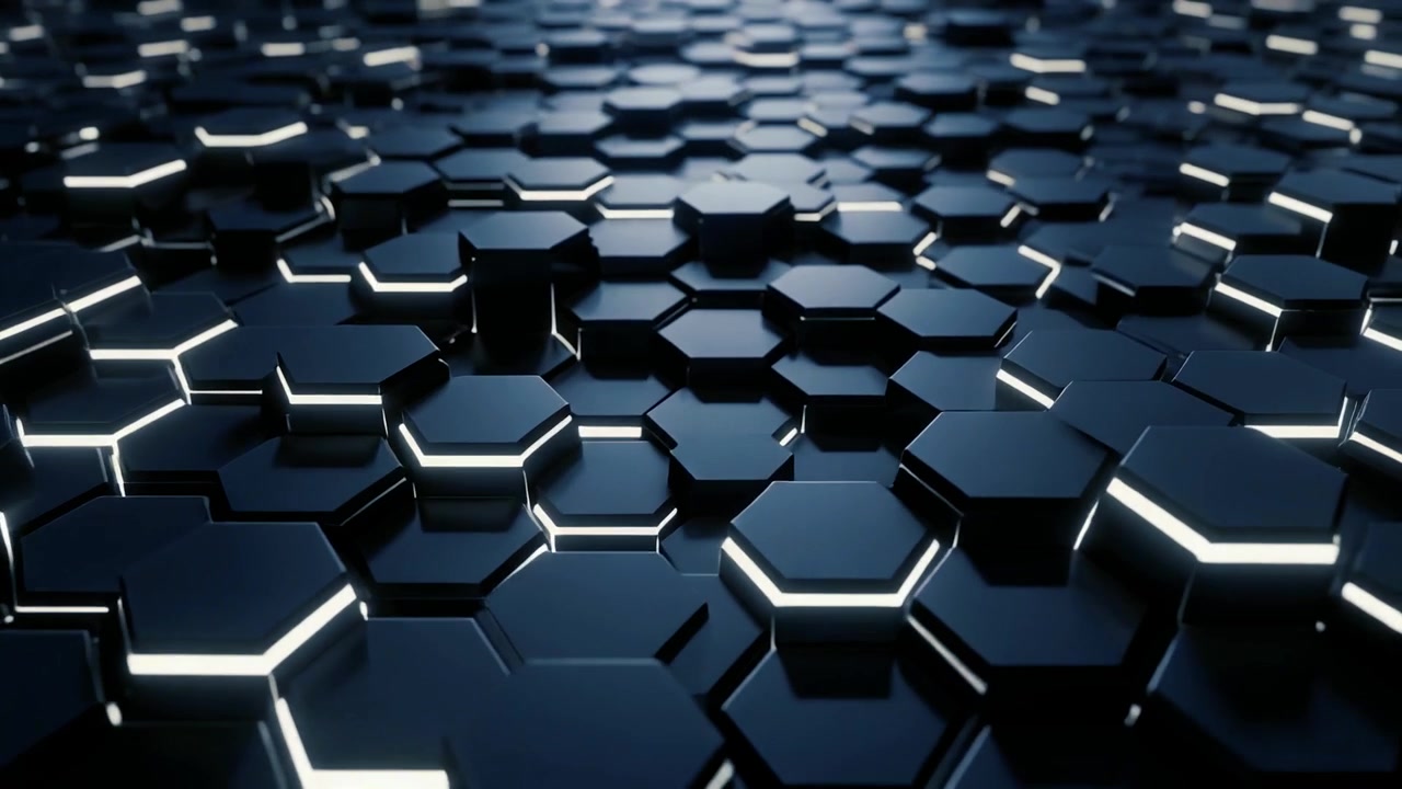 Fundo Abstrato de Telhas Hexagonais Escuras em Movimento com Bordas Brilhantes