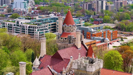 aerial flight around the steeple of casa loma in toronto