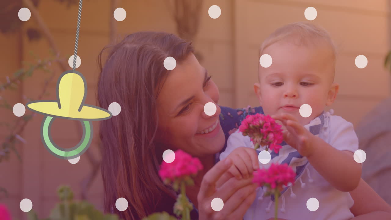 animazione di macchie bianche su una felice madre caucasica con un bambino