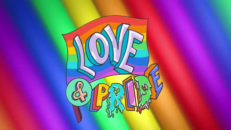 animation of love and pride text over rainbow striped background