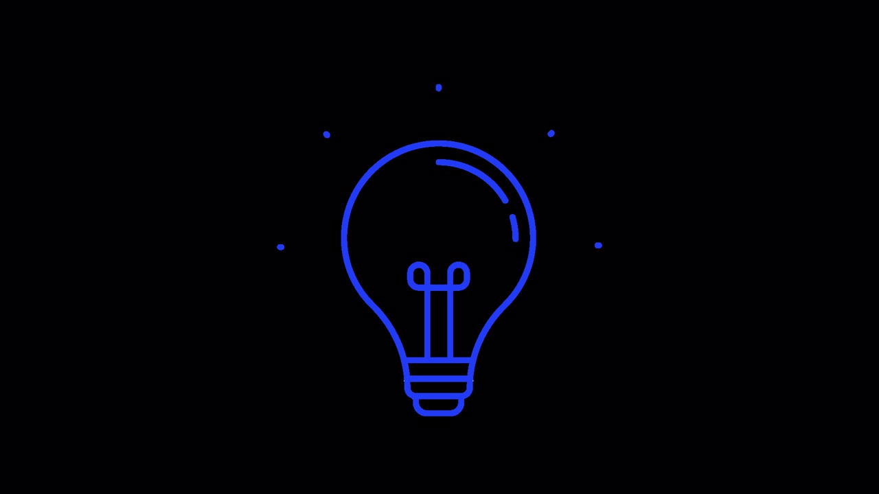 Lampadina blu animata che si illumina con un'idea su sfondo nero