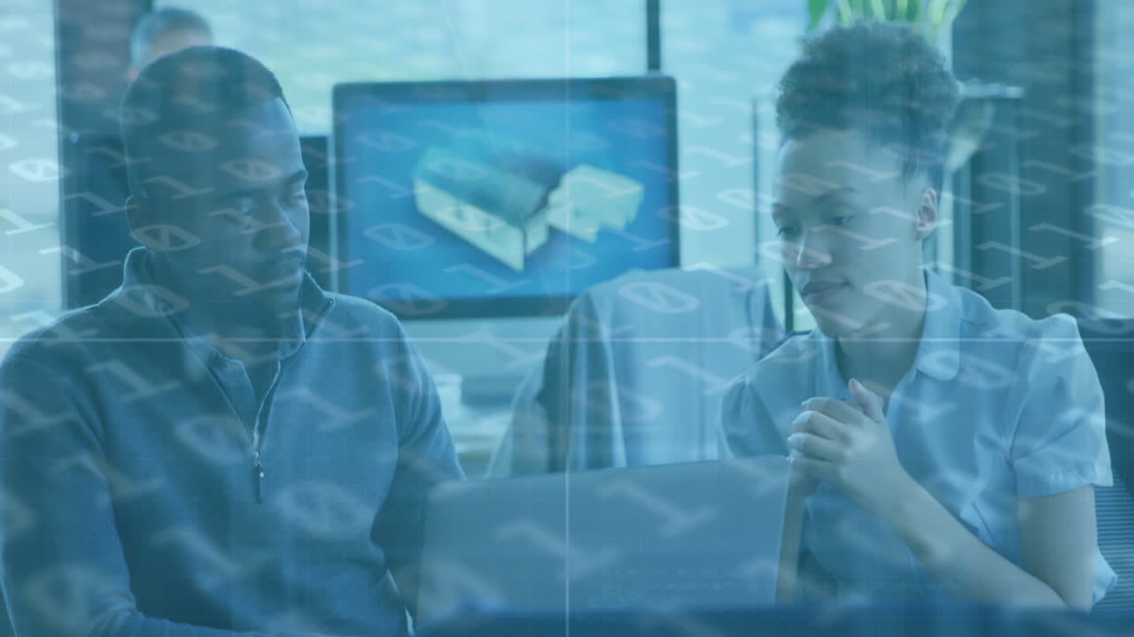 Animation of data processing over diverse business people working at office
