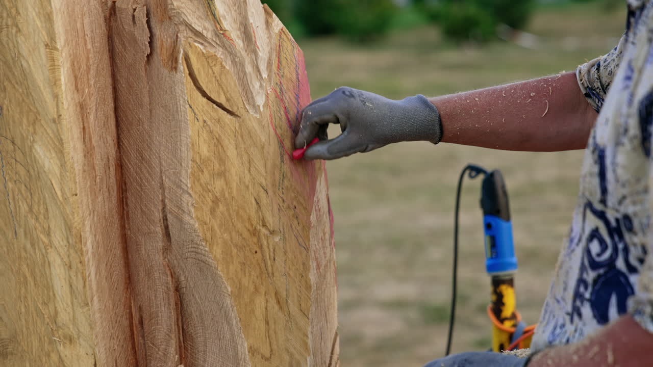 Unrecognized artist drawing on the wood. Man in glove uses red chalk to mark the lines of cuts on the timber.