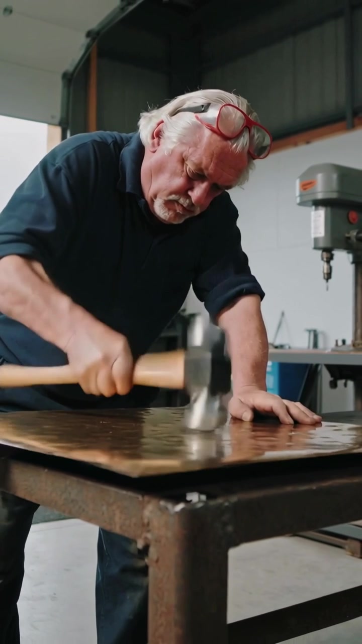 Vertical video: Raising mallet senior smith hammering sheet at shop bench flattening rolled sleeves