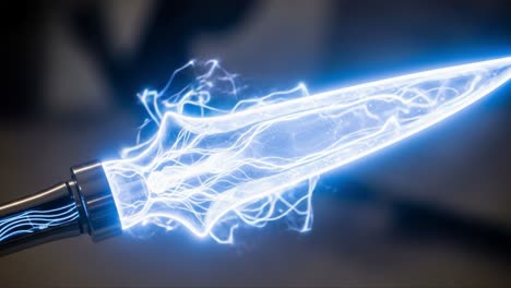 a stunning close-up of an electrifying blade with dynamic blue energy flowing through its transparent structure, showcasing the edge of futuristic weaponry design