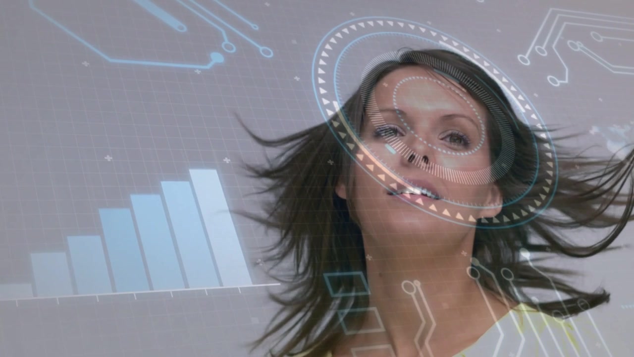 Cueing woman turning head, flipping hair, HUD orbiting forehead, bars rising, showing tech promo