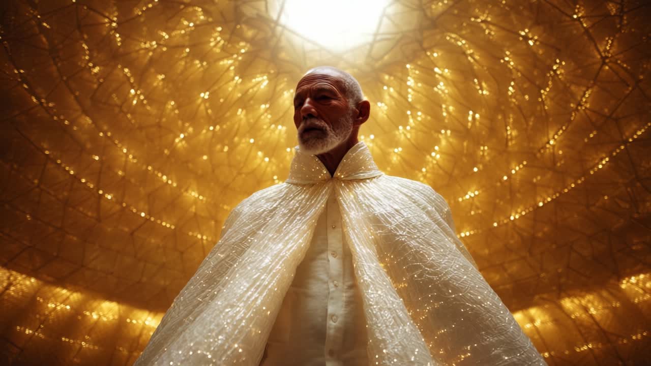 A Majestic Elder in a Luminescent Environment, Radiating Wisdom and Serenity with a Shimmering Cape, Illuminated by Ethereal Light from Above, Captivating the Viewer’s Imagination