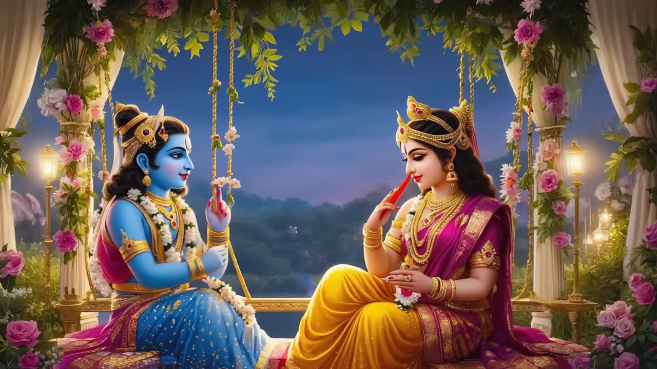 Radha and Krishna sitting on a flower decorated swing, sharing a romantic moment while dressed in traditional attire, exuding serenity and divine beauty