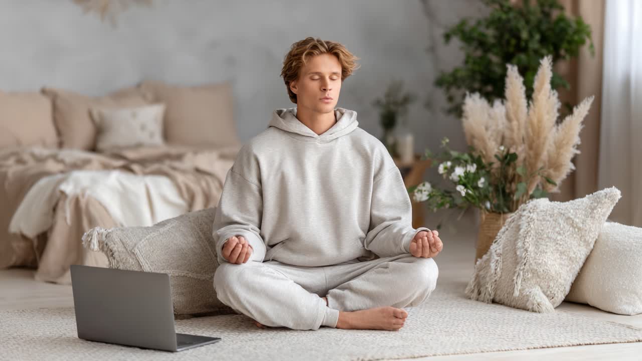 Mindful Meditation Session: A Young Individual Practicing Calmness and Focus in a Cozy, Stylish Living Space with a Laptop Nearby