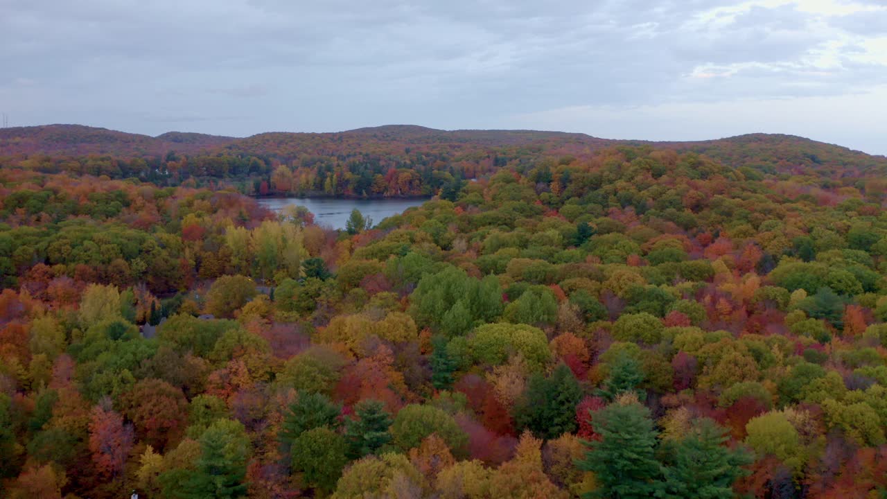 toma aérea del lago y el bosque colorido en otoño en quebec
