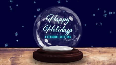 Animation-of-christmas-greetings-in-snow-globe-on-wooden-boards,-shooting-star-and-snow-falling