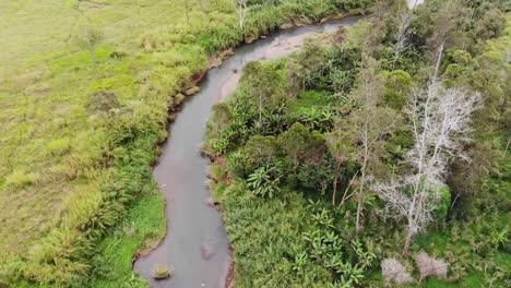 aerial fly over small slow river and green landscape, papua new guinea