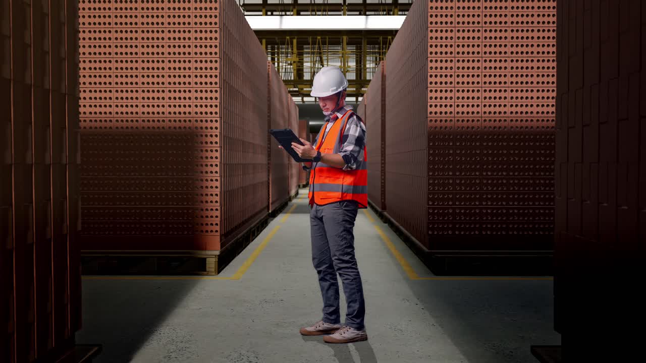 Full Body Side View Of Asian Male Engineer With Safety Helmet Working On A Tablet While Standing With Red Brick Packed in Stacks Are Stored