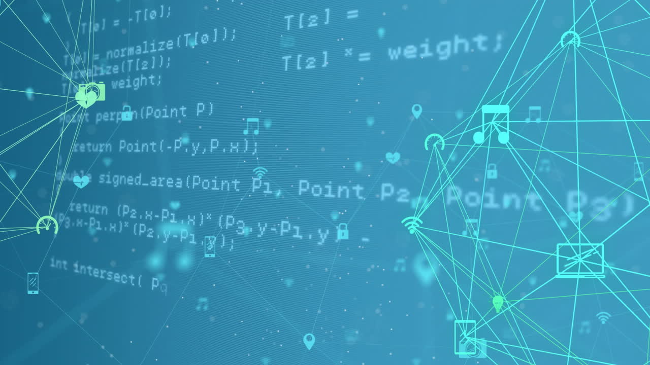 Animating programming code and network connections over blue background with geometric shapes