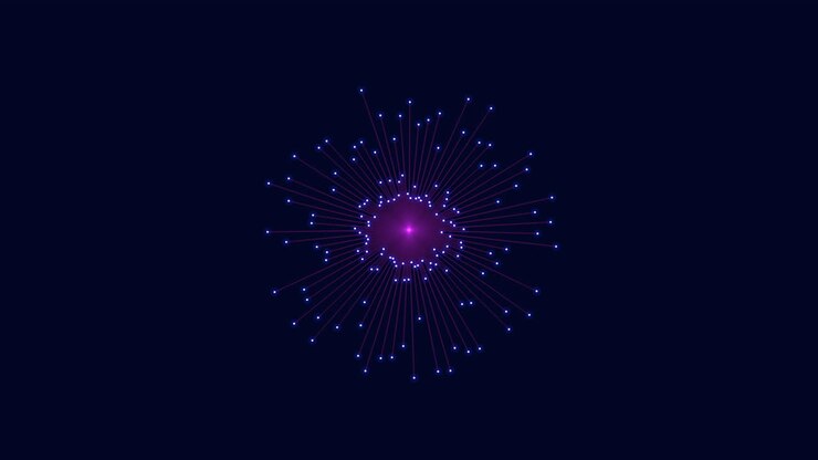 Karanlık arka plan üzerinde mor bir çekirdeğin etrafında radyal çizgiler ve mavi noktalar içeren soyut parlayan parçacık patlaması; teknoloji, veri, ağ ve bilim kurgu görselleri için ideal.