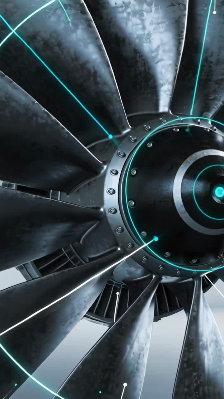 Camera panning revealing turbine hub while cyan diagnostic lines scanning blades for tech check