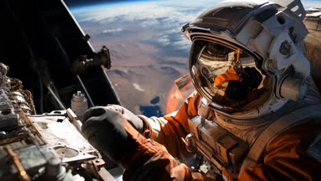 astronaut conducting repairs outside the spacecraft above earth