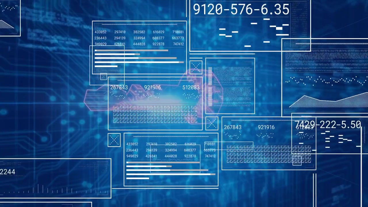 Multiple overlaid UI panels being visualized in flat design, showing data tables, graphs and lines