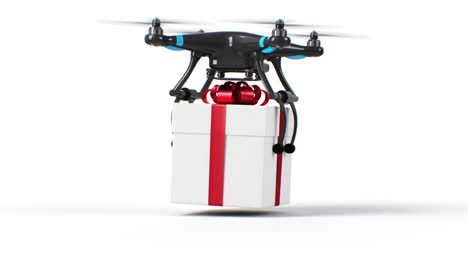 copter delivering a gift box and placing it on the surface on white background. beautiful 3d animation of drone and parcel on green screen. holyday and delivery concept.