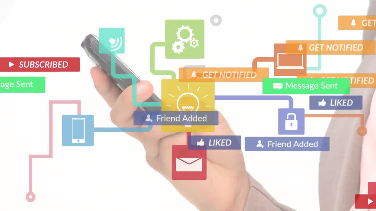 animación del texto de las redes sociales en pancartas con iconos digitales sobre un hombre que usa un teléfono inteligente