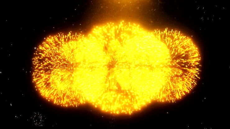 Grand Opening Text on Firework Display Explosion Particles.
