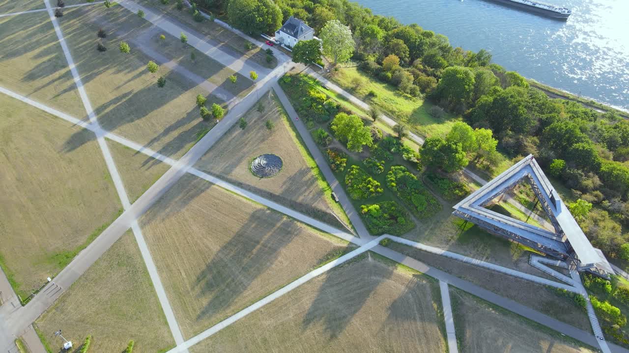 Reveal aerial shot of Ehrenbreitstein Fortress in Germany, a UNESCO World Heritage Site built between 1817-1828. Also seen is the Rhine River