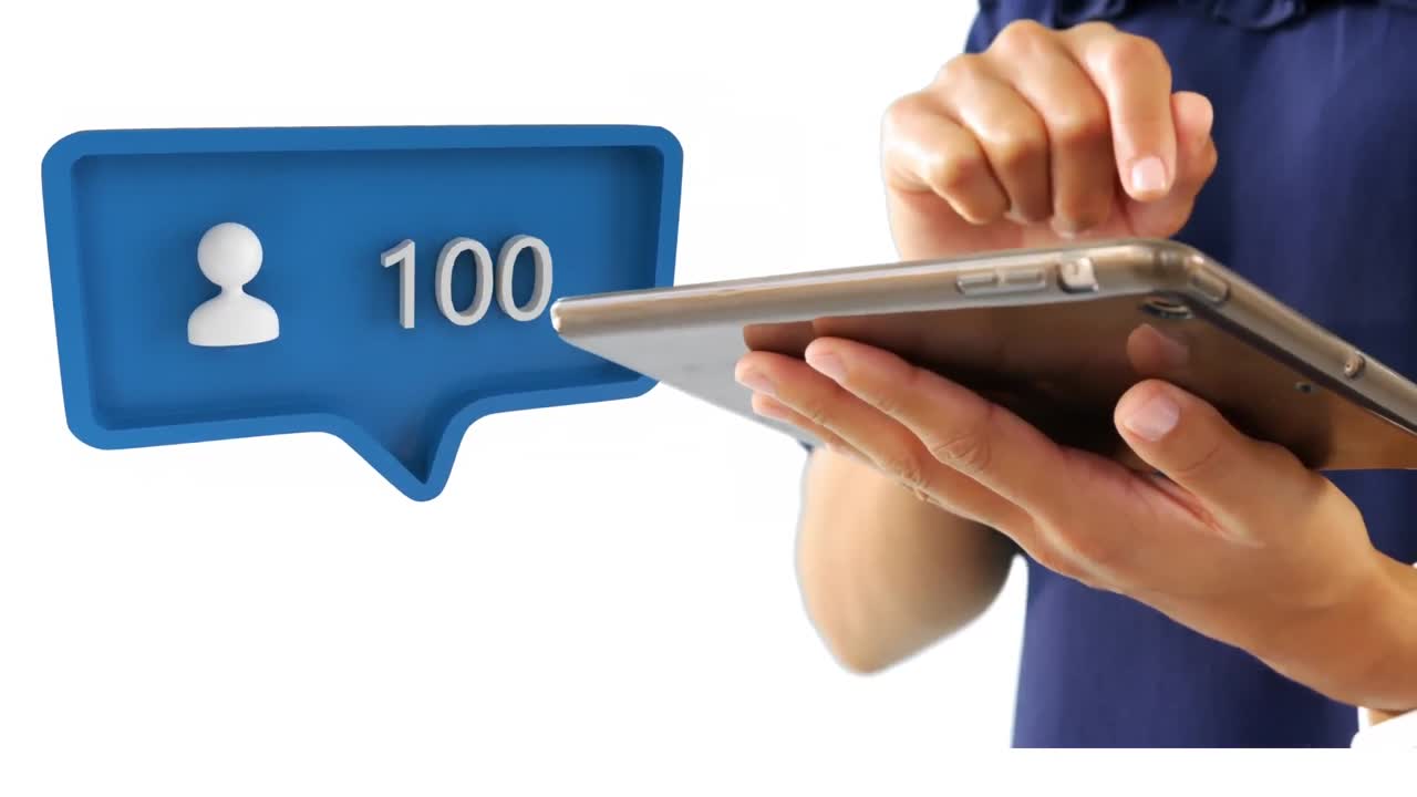 símbolo de persona y números crecientes y persona que usa la tableta