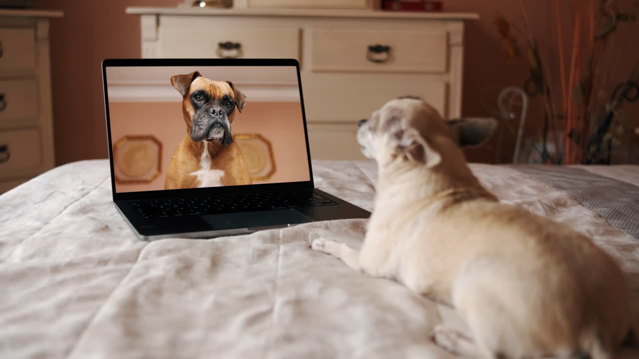 Cute dog sitting on bed in front of laptop on video call with his dog friend in bedroom
