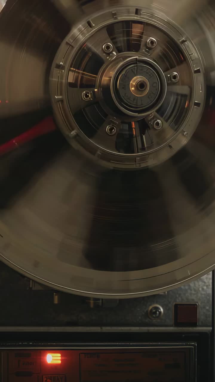 Vertical video: Spinning metal rotor hub and blades in workshop, lit red indicator powering unit