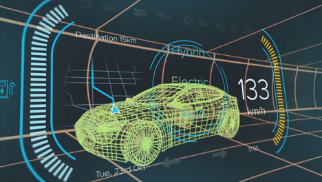 animación de números cambiantes con barras de carga sobre un modelo 3d de coche contra un fondo negro