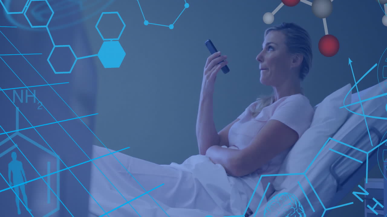 Animation of chemical formula over caucasian female patient talking on smartphone