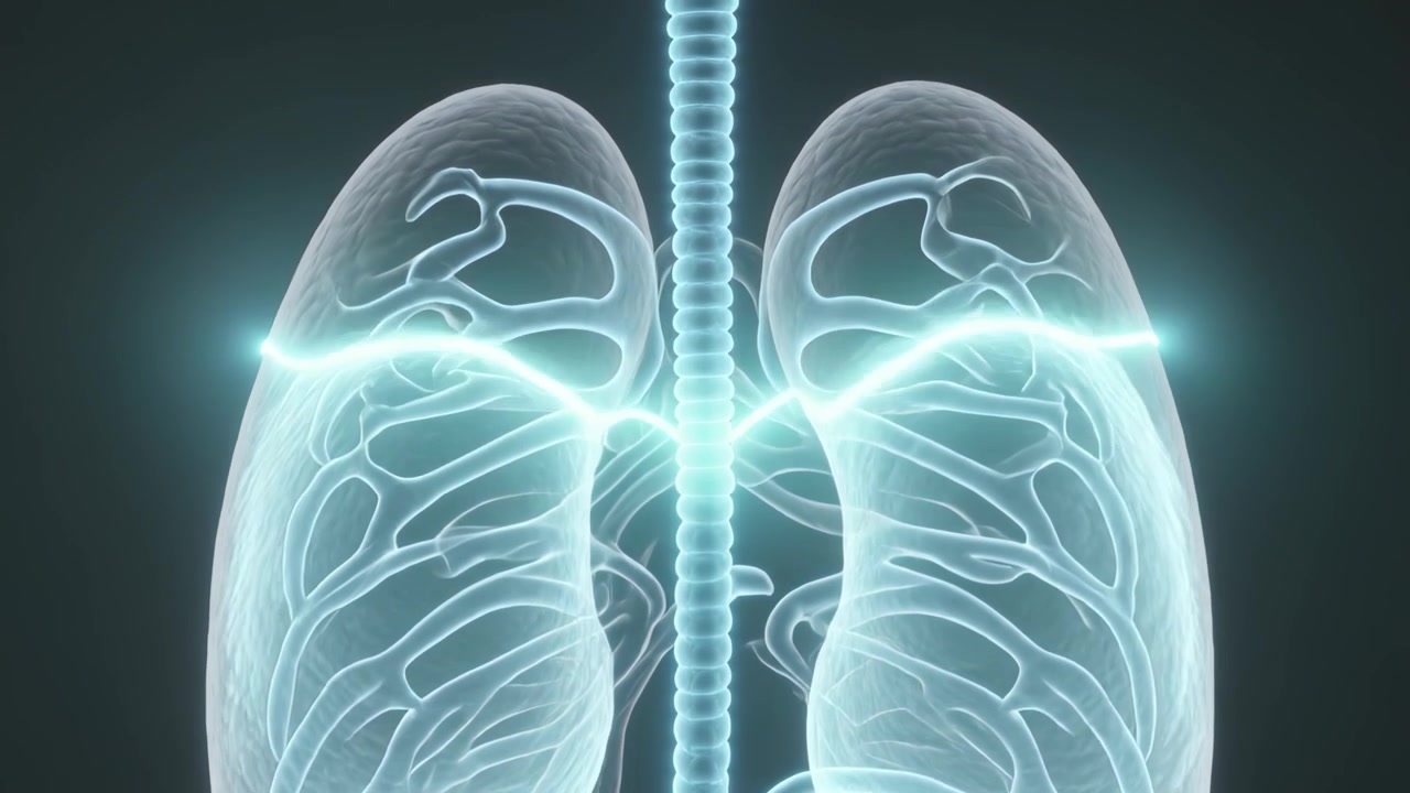 Una banda ciano appare, spingendo i polmoni a pulsare verso l'alto nella trachea anellata, in un'animazione medica che mostra il flusso.