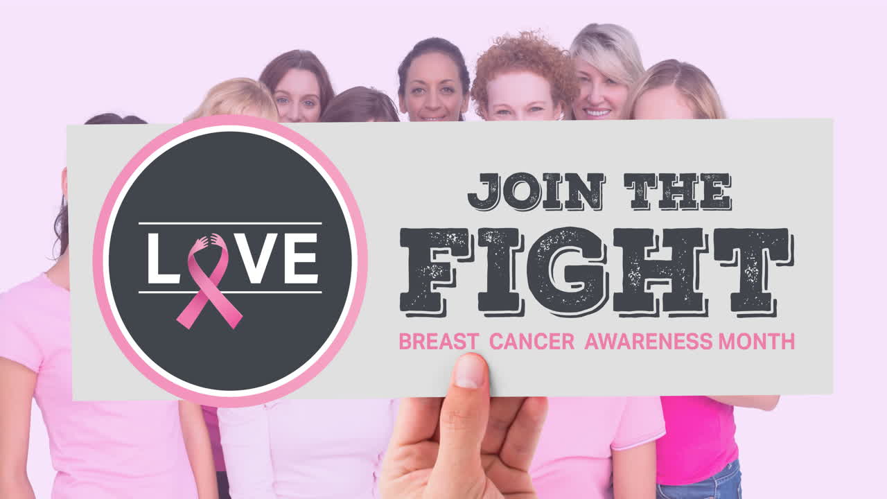 animación del logotipo de la cinta rosa y el texto del cáncer de mama sobre un grupo de un grupo diverso de mujeres
