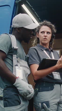 delivery team managing parcels with tablet near van