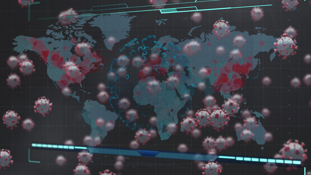 Animação de células de COVID-19 na tela sobre mapa-múndi