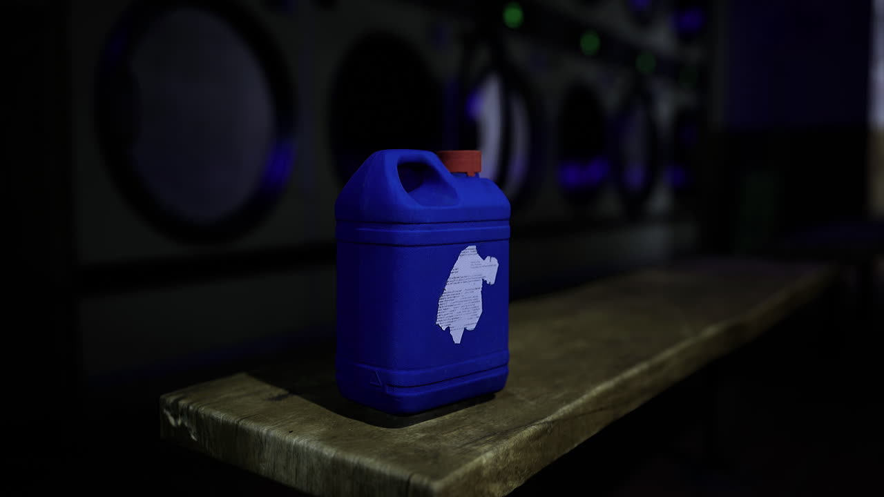 Container with white emblem sits on wooden table in a dim laundromat